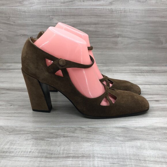 Miu Miu Mary Jane Heels Womens EU 39 Brown Suede Slip On Pump Shoes